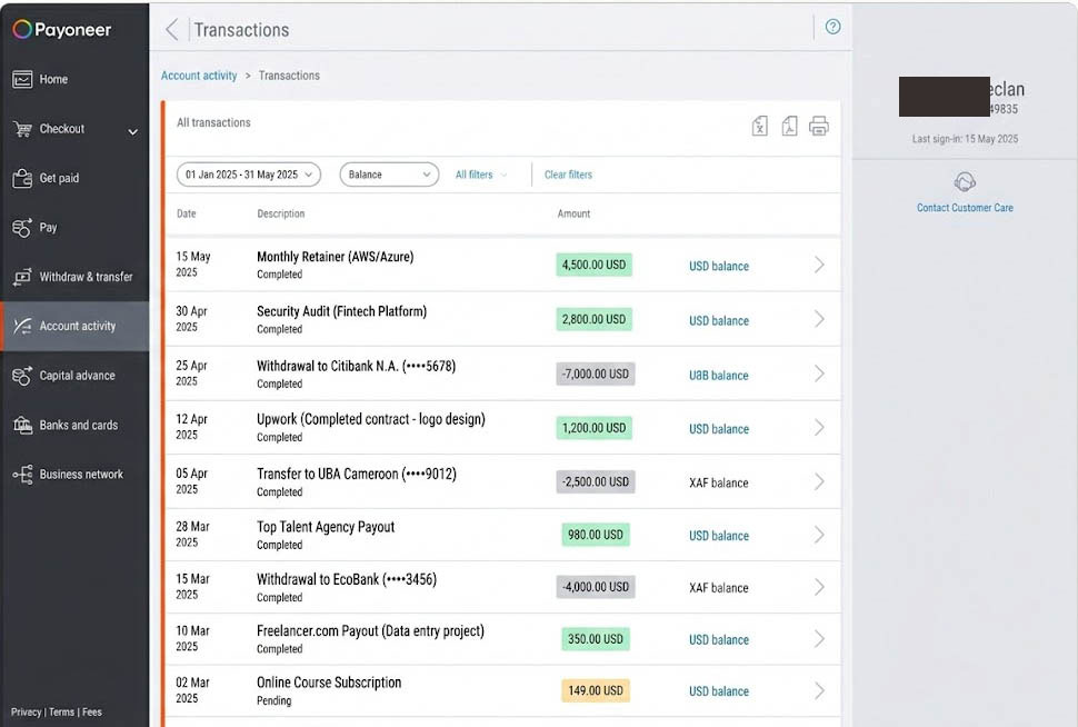 Payoneer transaction history showing USD income from remote tech contracts