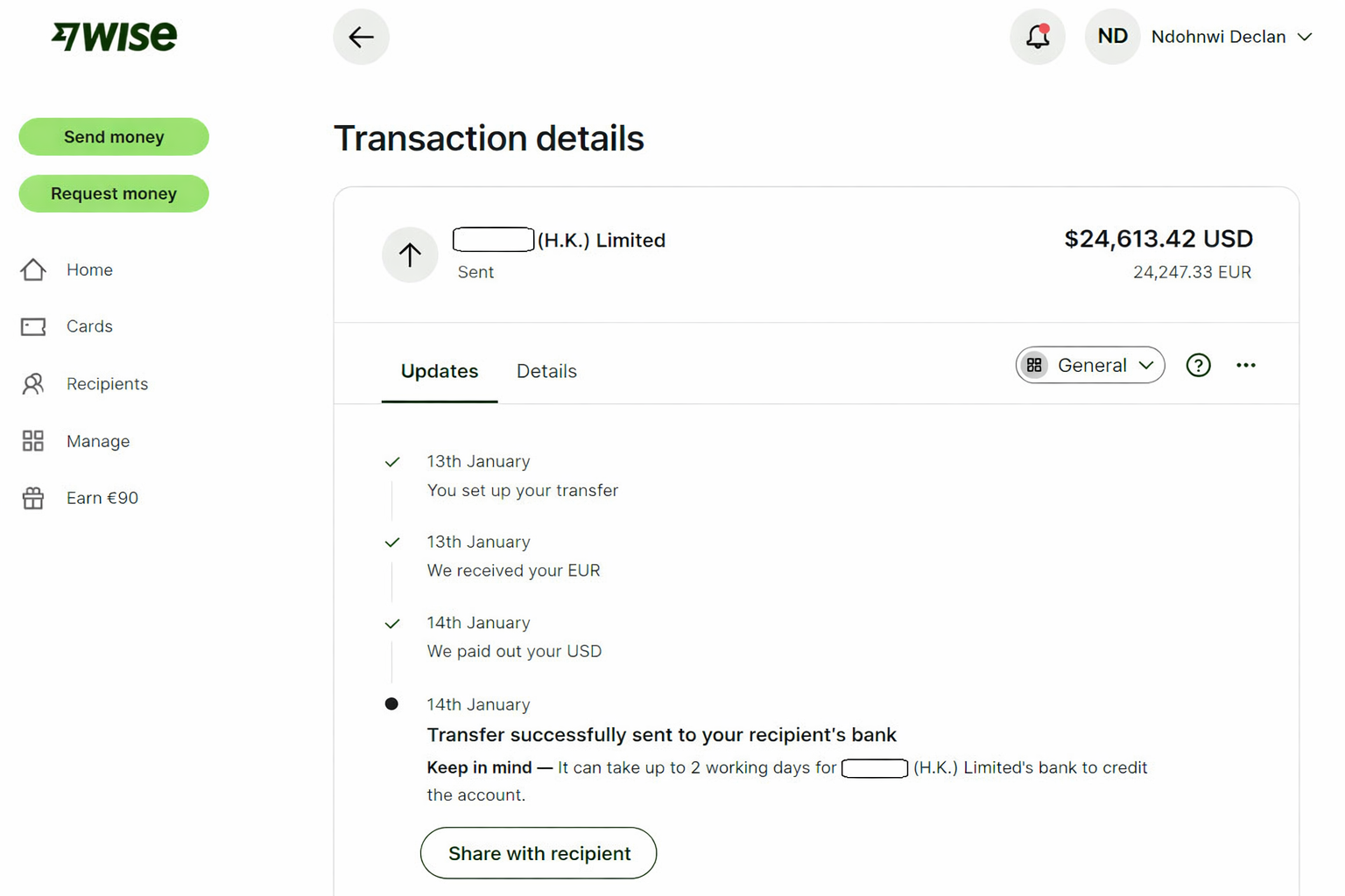 Wise payment receipt — $24,613 USD international transfer